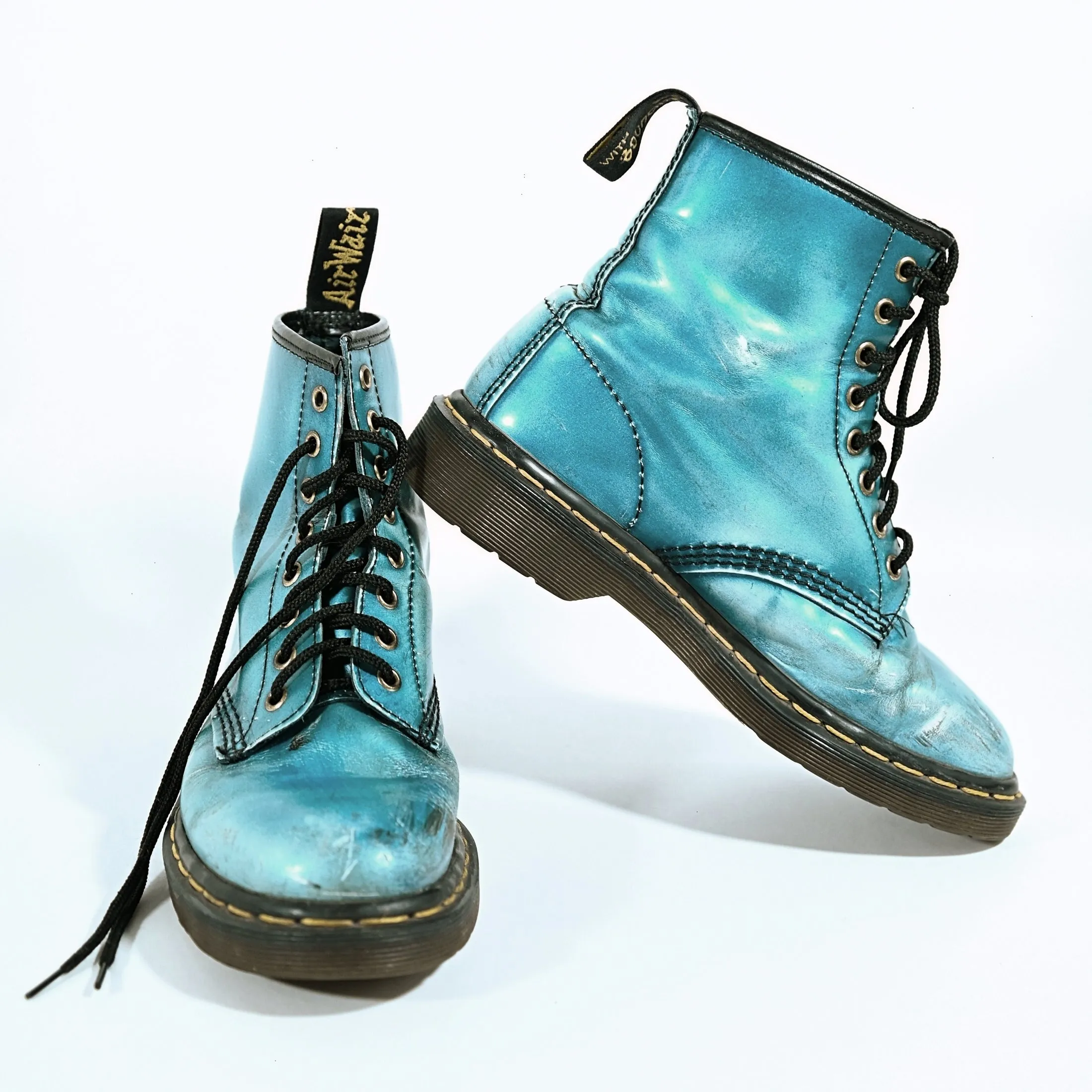 SOLD Vintage 90s Dr Martens Metallic Aqua Boots, Made in England UK6/US 8