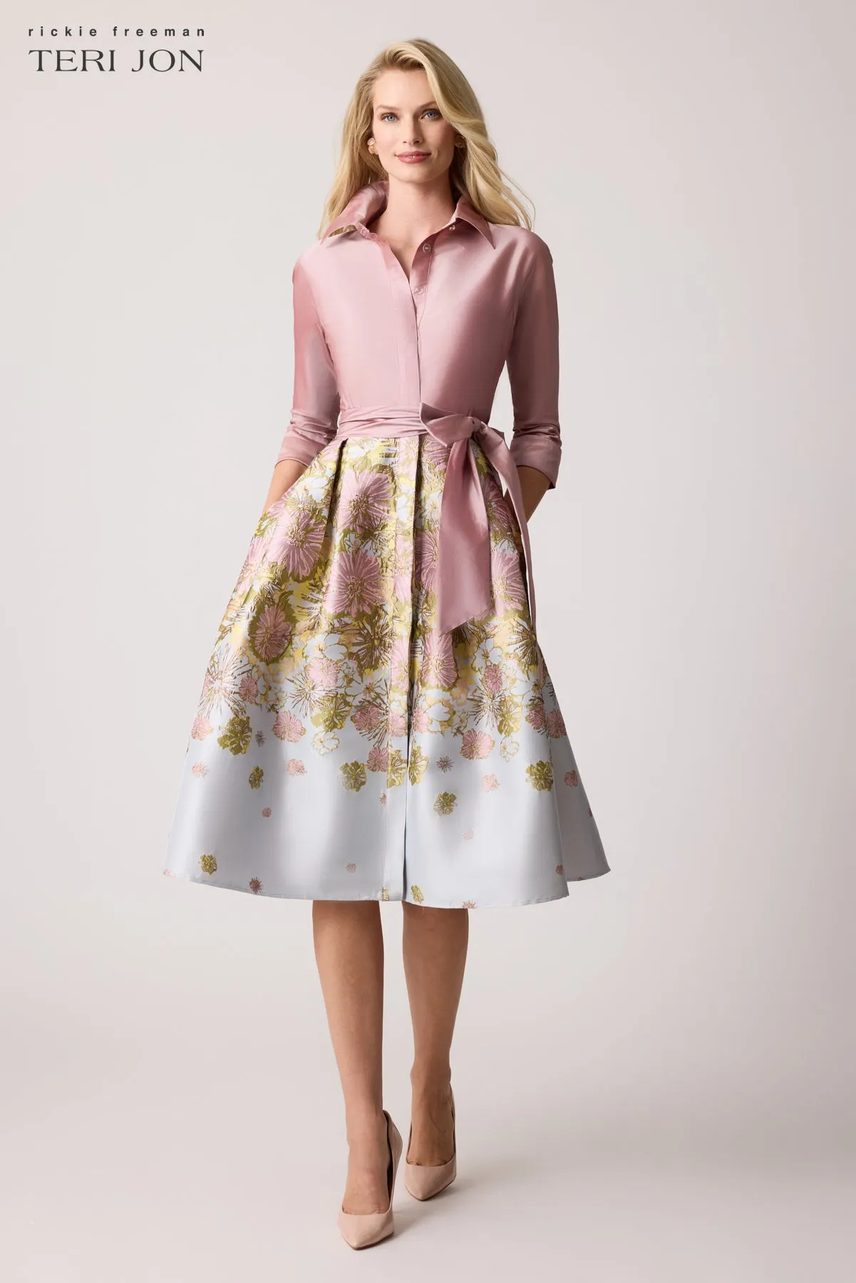 Taffeta Floral Jacquard Shirt Dress