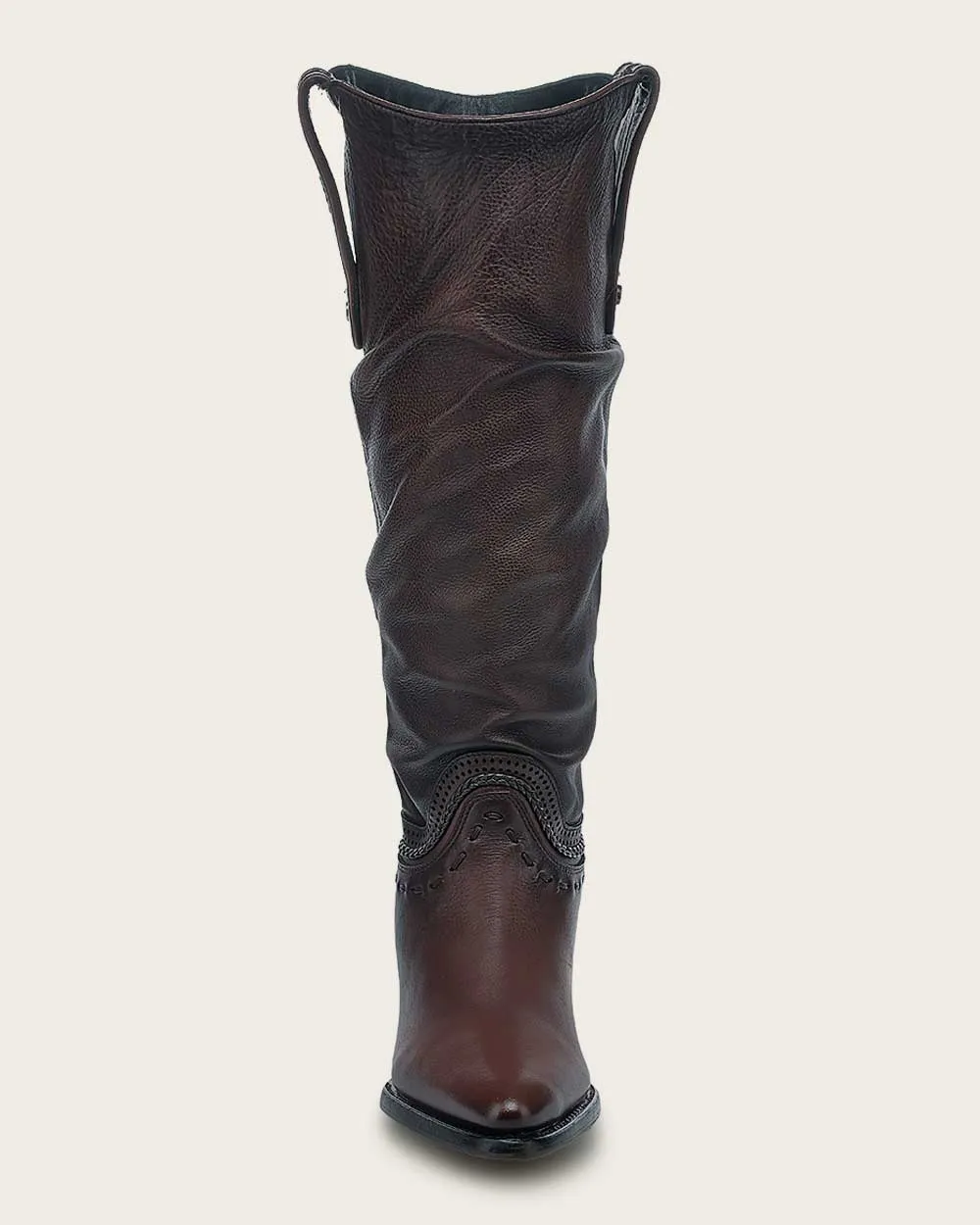 Tall wrinkled brown bovine boot