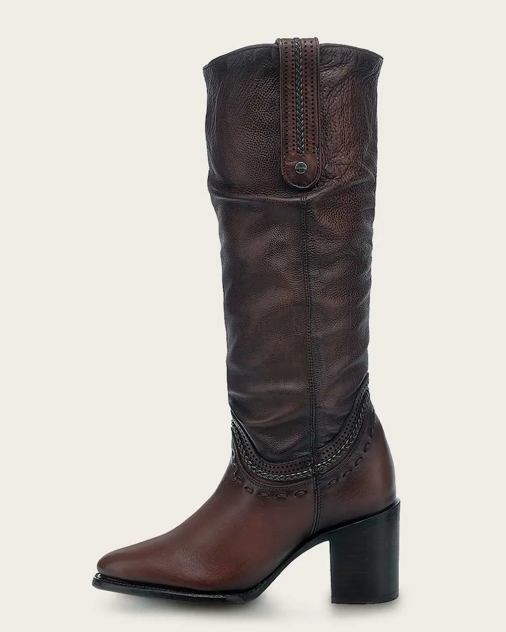 Tall wrinkled brown bovine boot