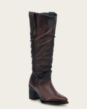 Tall wrinkled brown bovine boot