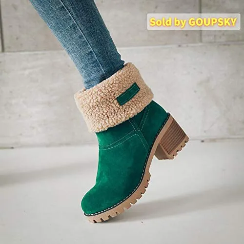 Women Mid Heel Faux Suede Fur Lined Winter Ankle Boots